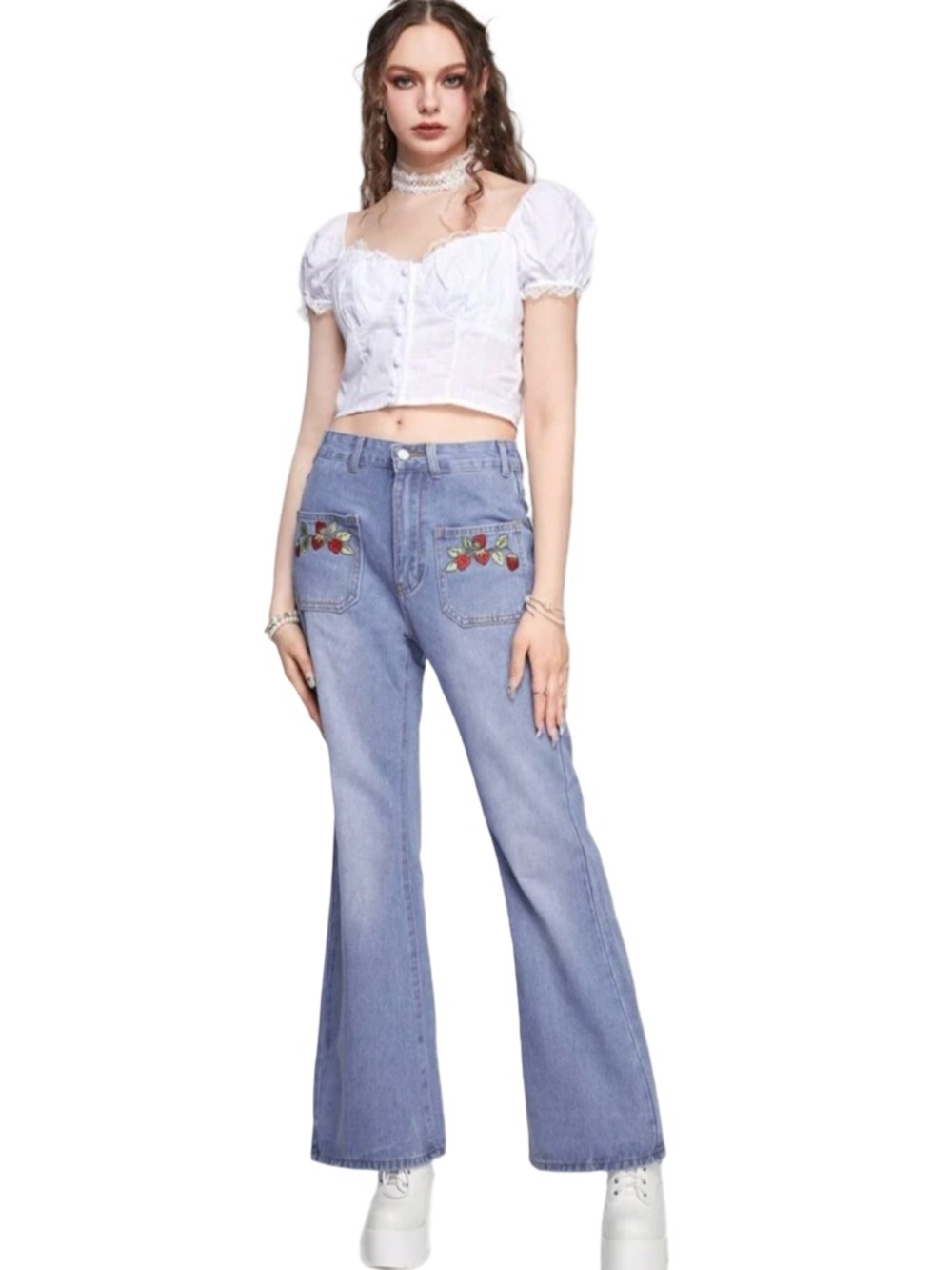 ROMWE Strawberry Embroidered Flare Leg Jeans Size 6 Medium Cottage Coquette Girl